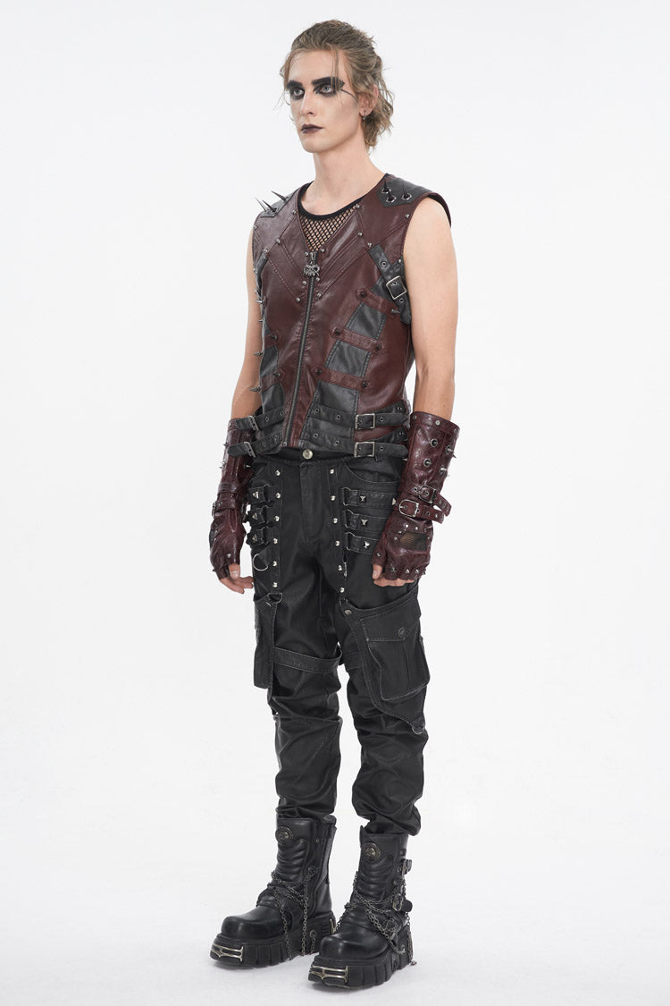 Red Studded Faux Leather Men's Punk Vest