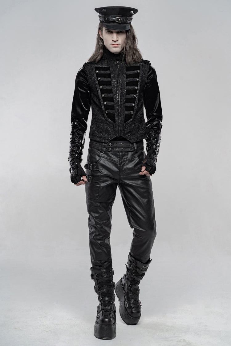 Black Stand Collar Jacquard Front Breasted Men's Gothic Vest