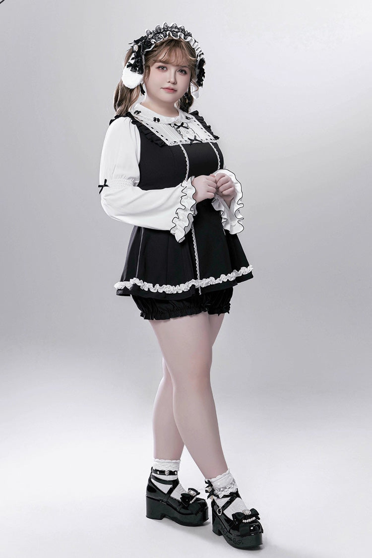 Black/White [Showcase Doll] Japanese Maid-Style Long Sleeves Ruffle Bowknot Jirai Kei Japanese Dress Shorts Set with Detachable Apron