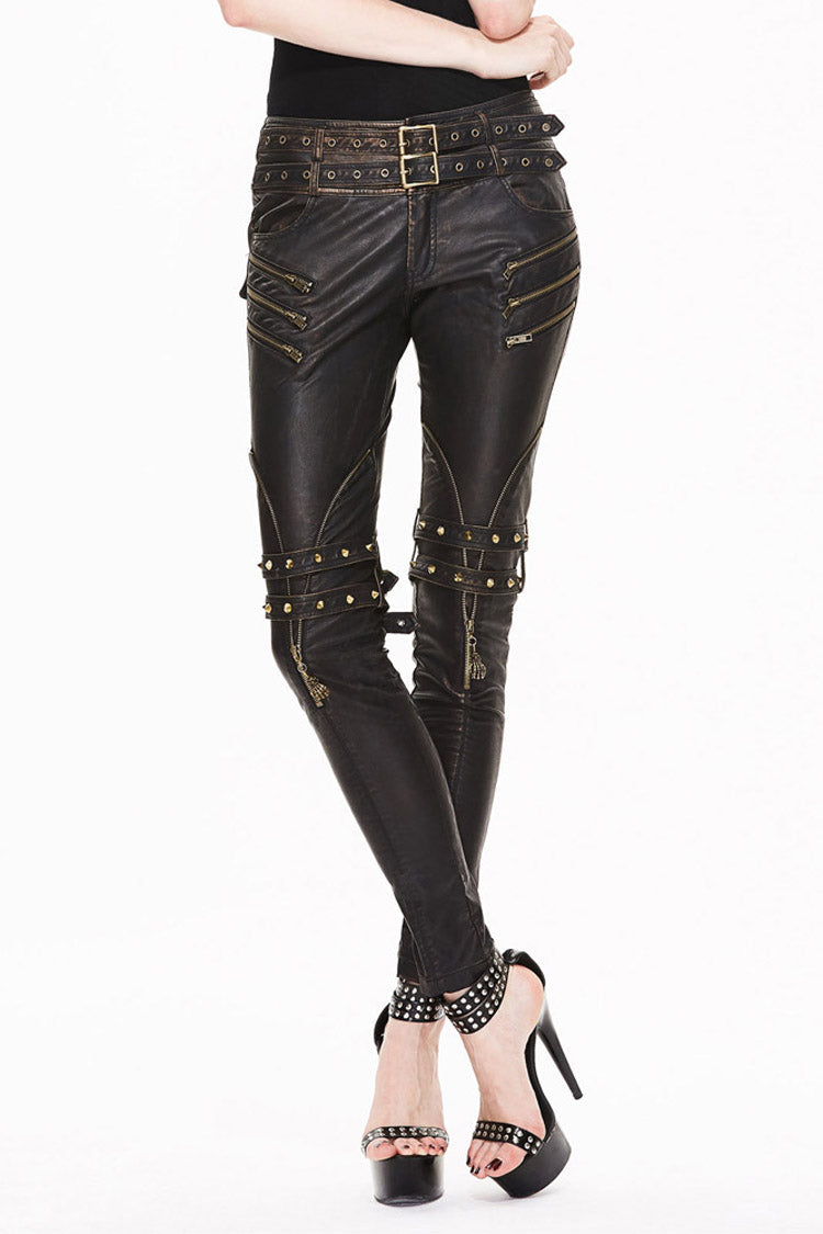 Brown Leather Metal Eyelets Belt Metal Buckle Leg Loop Hand-Rubbed Women's Punk Pants