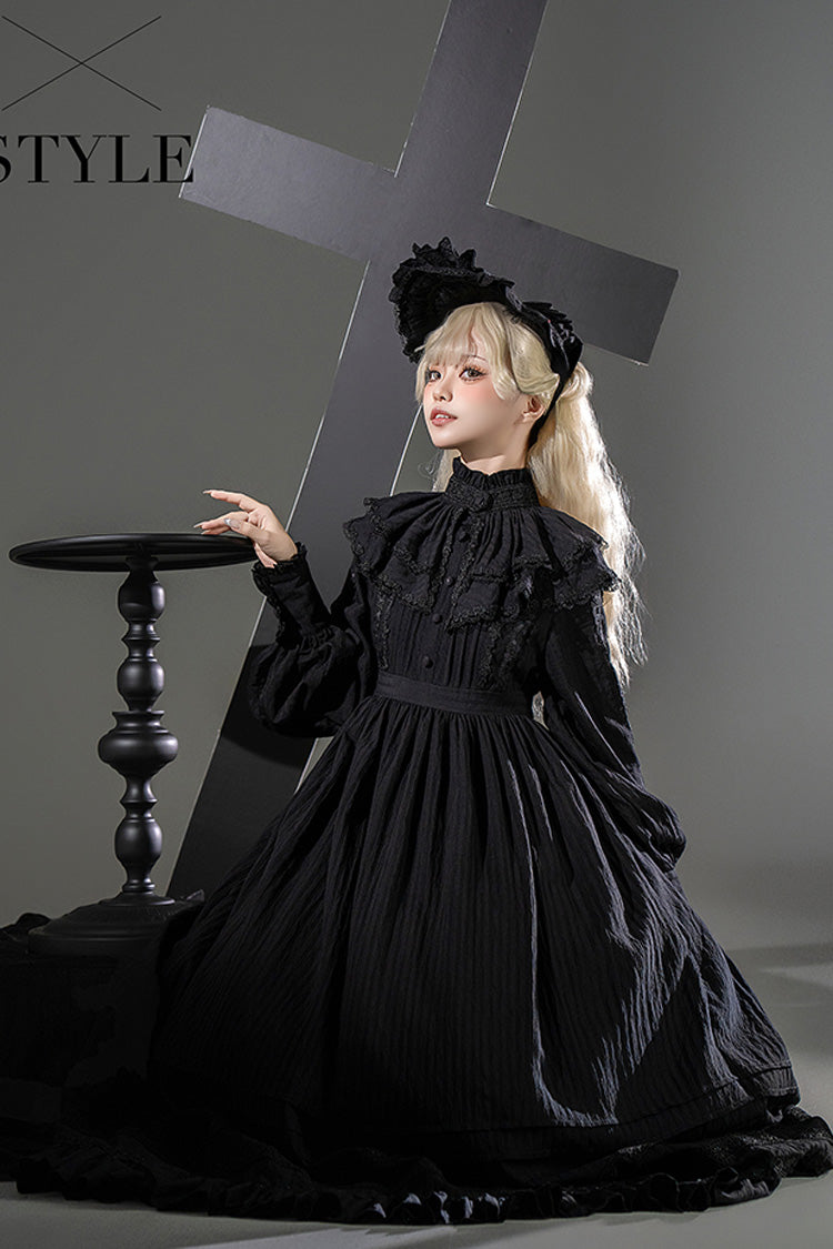 Black [Quiet Place] Long Sleeves Jacquard Ruffle Embroidery Bowknot Gothic Lolita Dress