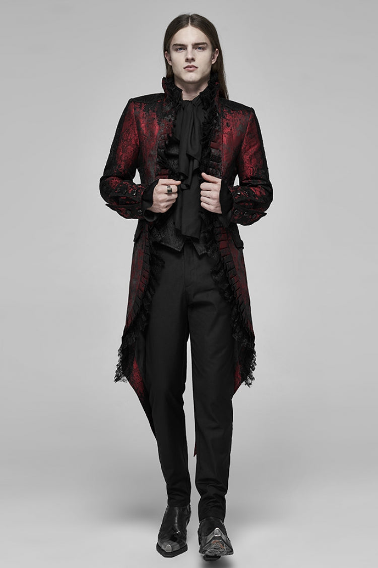 Black/Red Long Sleeves Lace Gorgeous Men's Gothic Vintage Tuxedo Coat