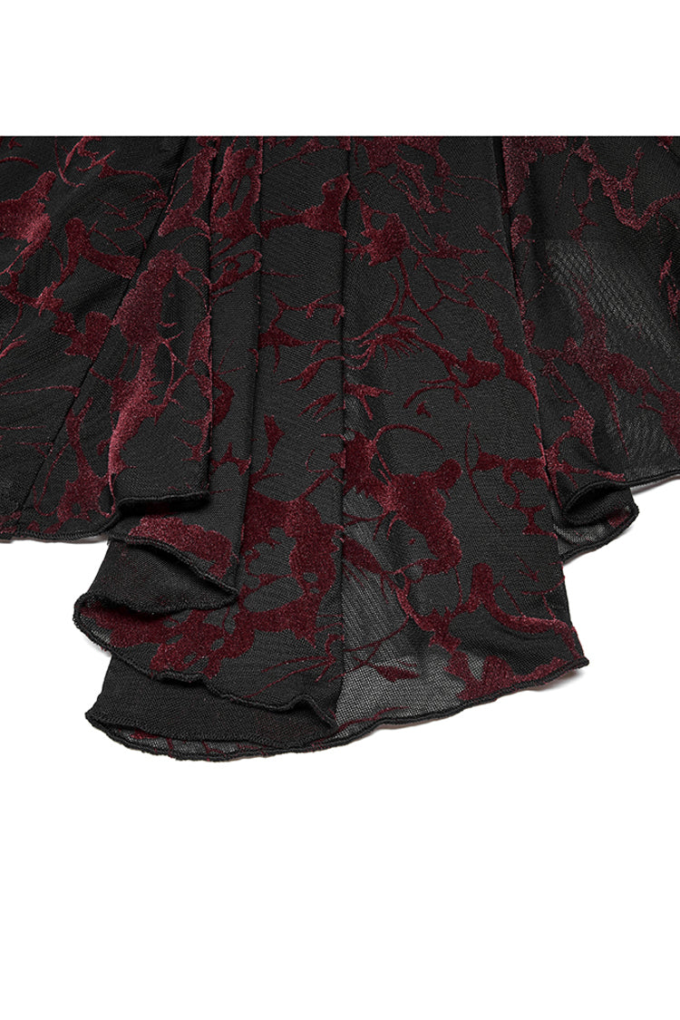 Red V Neck Stretch Mesh Fabric Abstract Pattern Design Flared Cuffs Women's Plus Size Gothic T-Shirt