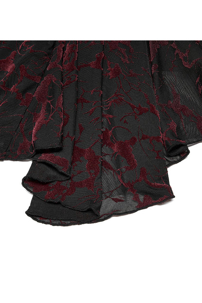 Red V Neck Stretch Mesh Fabric Abstract Pattern Design Flared Cuffs Women's Plus Size Gothic T-Shirt