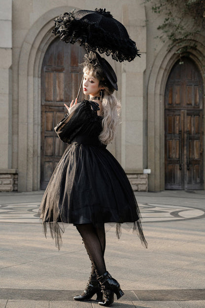 Black Square Collar Metal Chain Organza Stitching Gothic Lolita OP Dress (Short Version)