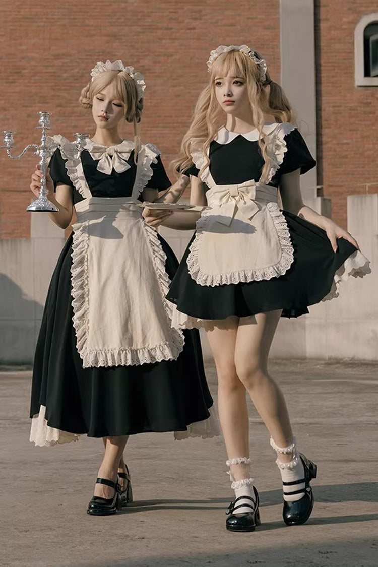 Black/White Round Collar Short Sleeves Ruffled Bow Sweet Elegant Lolita Maid Dress 2 Versions