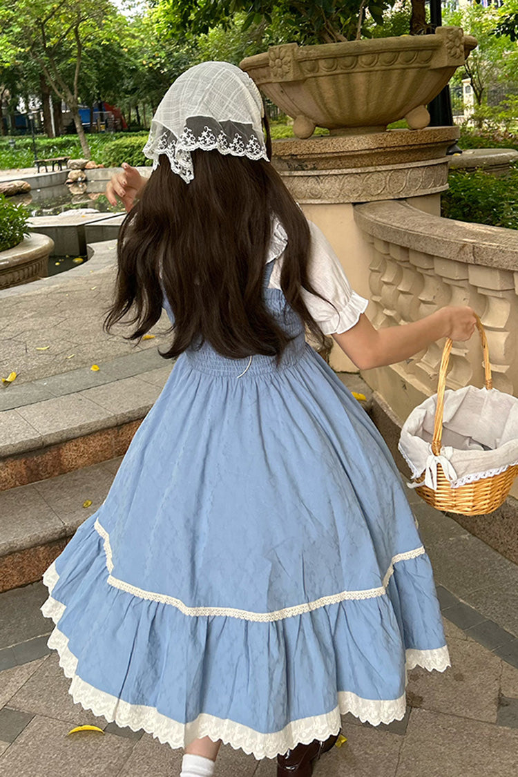 Blue Print Ruffle Stitching Lace Sweet Lolita Strap Dress Set