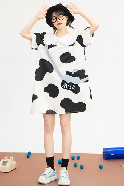 Black/White Doll Collar Short Sleeves Milk Cow Print Sweet Lolita Dress