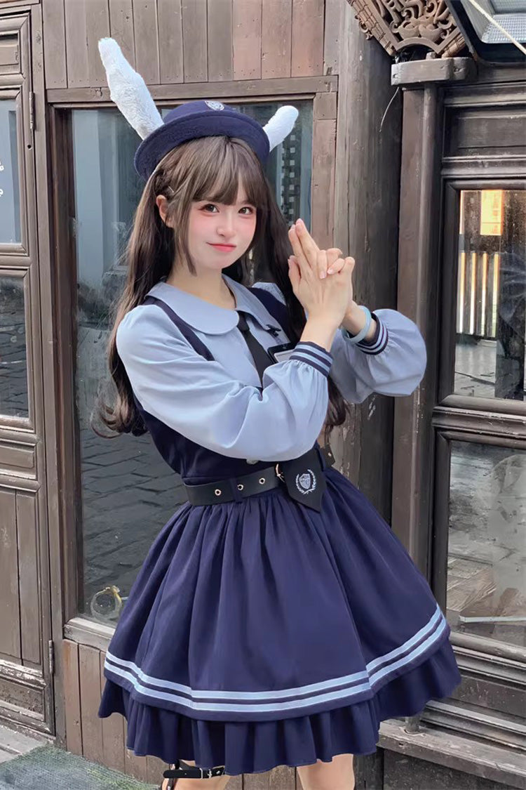 Blue [Rabbit Officer] Long Sleeves Printed Ruffled Faux Two-Piece College Style Sweet Lolita Dress