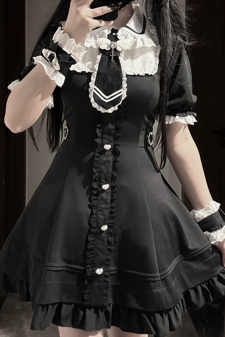 Black [Angel Creed] Short Sleeves Ruffle Bowknot Stitching Lace Gothic Plus Size Japanese College Style Jirai Kei Dress