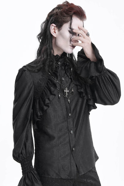Black Stand Collar Long Sleeves Ruffle Lace Cross Men's Gothic Blouse