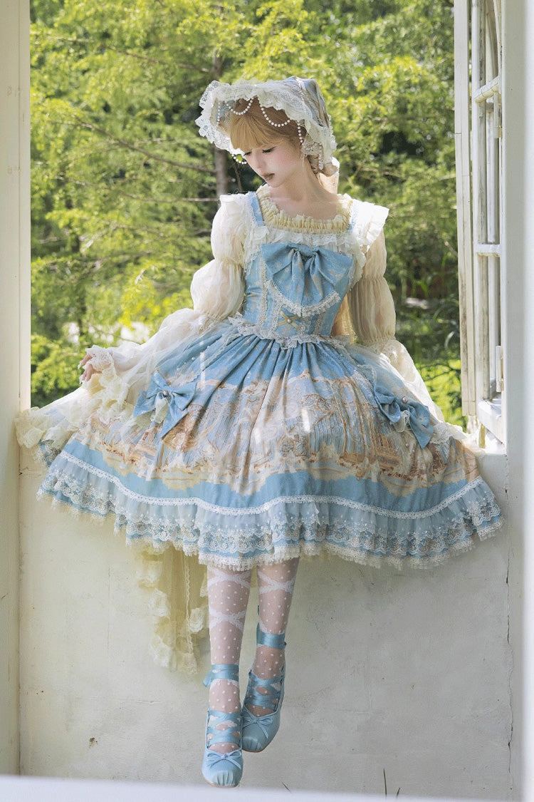 Blue [Unicorn] Print Sleeveless Multi-Layered Embroidery Bowknot Lace Sweet Lolita Jsk Dress