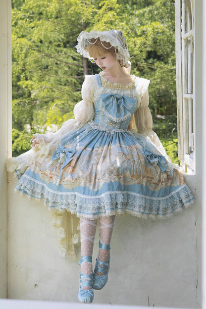 Blue [Unicorn] Print Sleeveless Multi-Layered Embroidery Bowknot Lace Sweet Lolita Jsk Dress