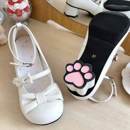 Round Toe Bow Mid Heel Lolita Mary Jane Shoes with Cat Paw Heels 7 Colors