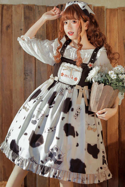Multi-Color Ruffled Stitching Cow Milk Candy Print Sweet Lolita JSK Dress