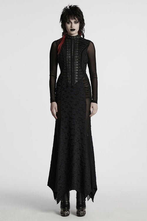 Black Stand Collar Long Sleeves Stitching Mesh Ripped Women's Punk Fishtailed Dress