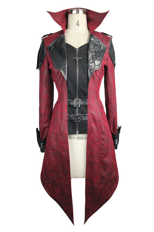 Punk Black And Red Applique Womens Hooded Leather Long Coats