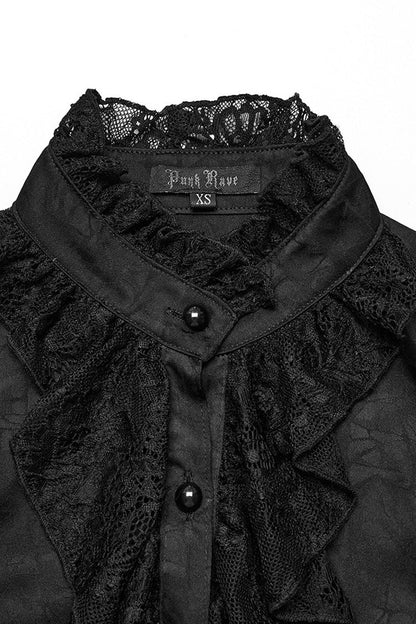 Black Stand Collar Lace Long Sleeves Ruffle Hollow Womens Gothic Blouse