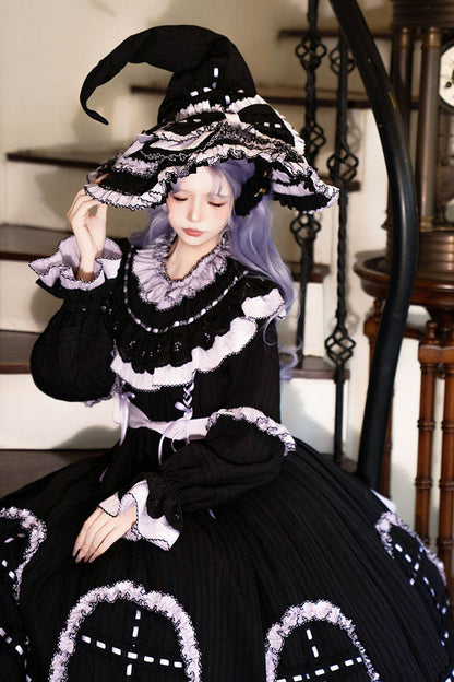 Black [Twin Lilian] Round Collar Long Sleeves Double-Layered Ruffled Bow Lace-Up Gothic Lolita Dress