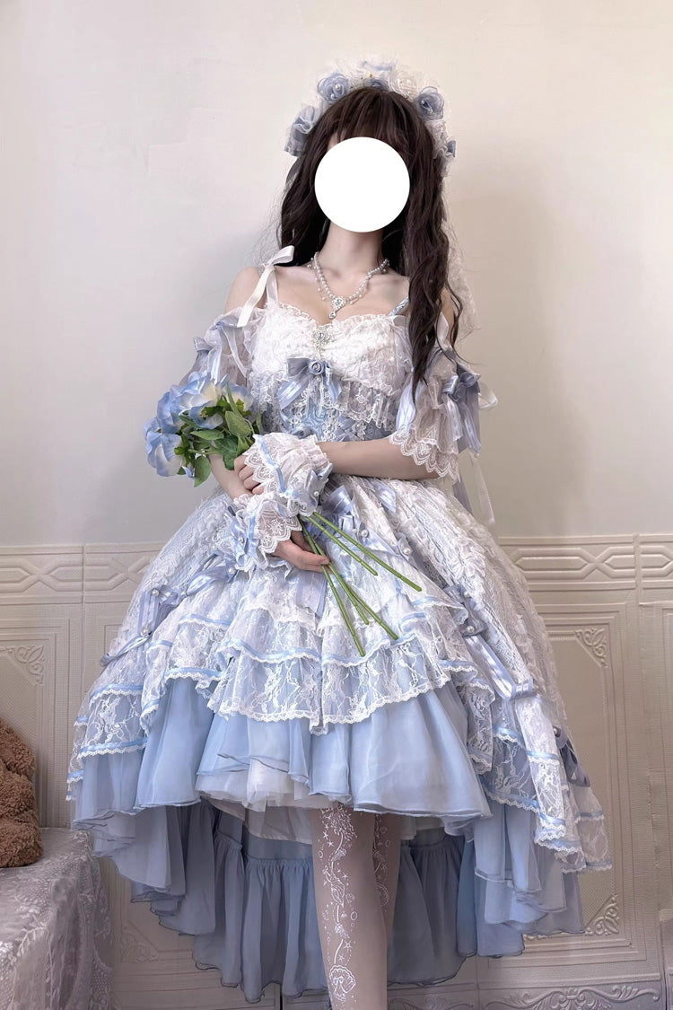 Blue [Diane Rose] Short Sleeves Multi-Layered Jacquard Ruffle Hanayome Cardigan Bowknot Lace Sweet Lolita Dress