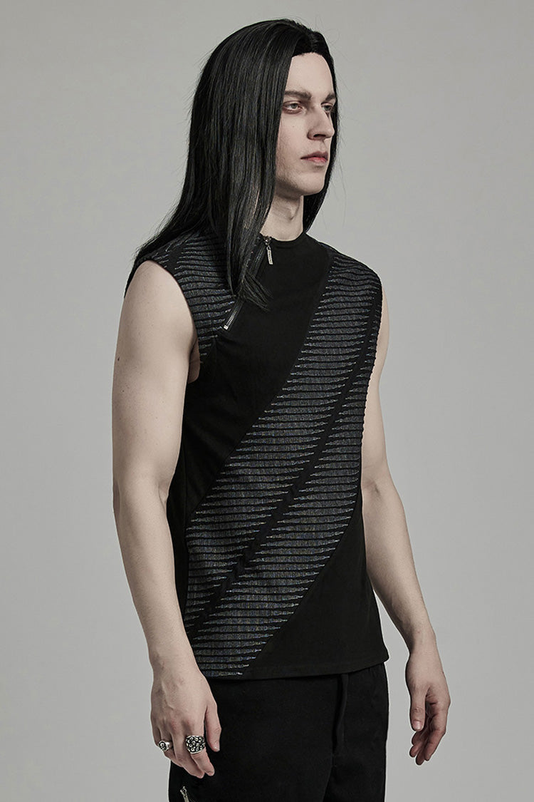 Black Sleeveless Print Asymmetric Zipper Men's Punk Tank Top