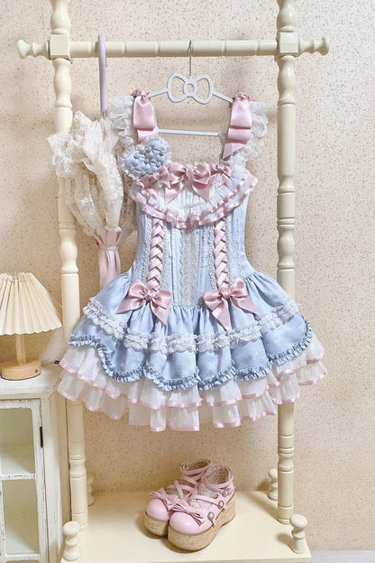 Blue Triple-Layered Ruffled Bow Lace-Up Slim Ballet Sweet Lolita Dress