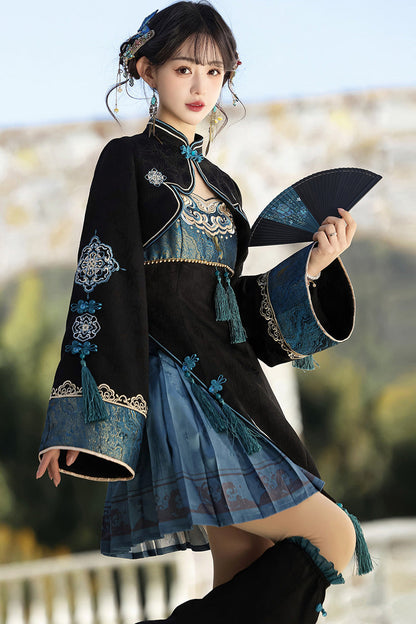 Black/Blue [Misty Teal] Long Sleeves Ruffled Cut-Out Embroidered Asymmetric Chinese Style Classic Lolita Jsk Dress Set