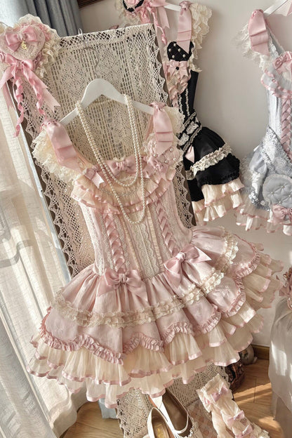 Blue Triple-Layered Ruffled Bow Lace-Up Slim Ballet Sweet Lolita Dress