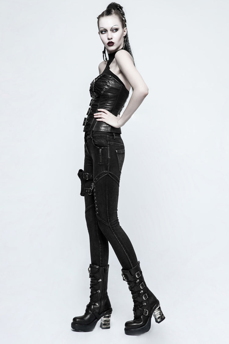 Black Removable Pocket Buttonhole Trim Skinny Stretch Denim Women's Punk Trouser