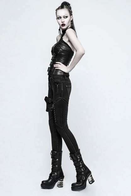 Black Removable Pocket Buttonhole Trim Skinny Stretch Denim Women's Punk Trouser