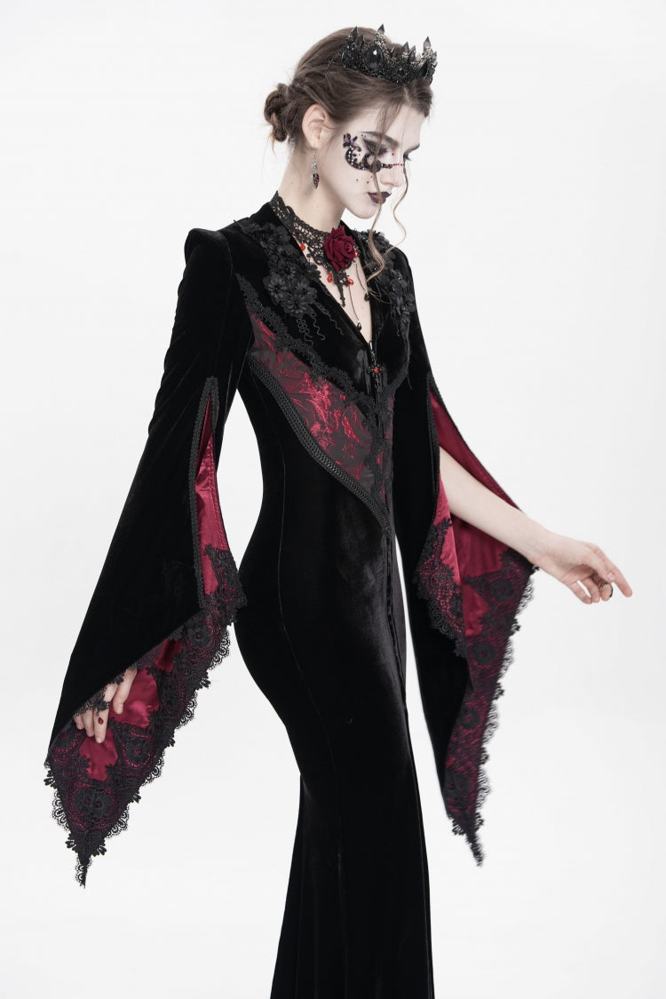 Black/Red V Collar Long Trumpet Sleeves Floral Embroidered Velvet Women's Gothic Dress