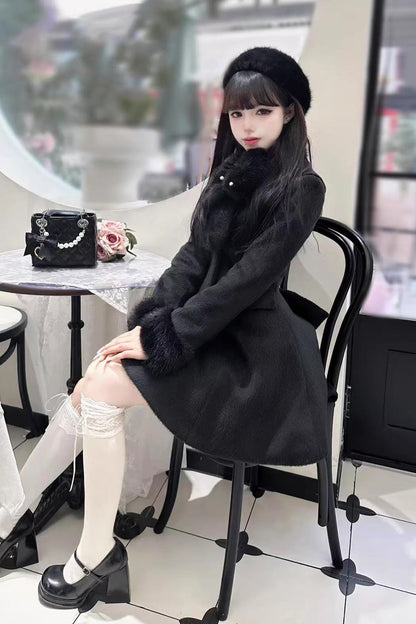 [First Love] Long Sleeves Faux Fox Fur Autumn Winter Wool Sweet Lolita Coat