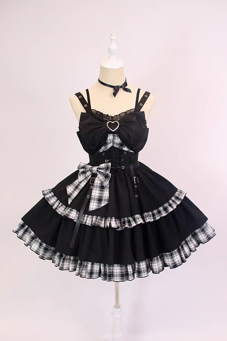 Black/White Plaid Print Color Contrast Leather Buckle Bowknot Ruffle Gothic Lolita JSK Dress