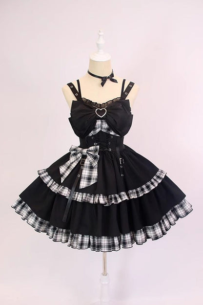 Black/White Plaid Print Color Contrast Leather Buckle Bowknot Ruffle Gothic Lolita JSK Dress
