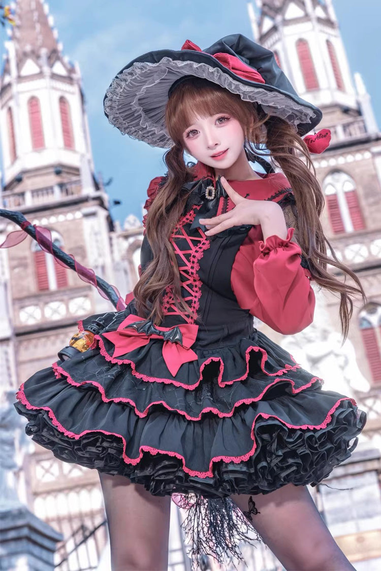 Black/Red [Showa Cake] Sleeveless Triple-Layered Ruffled Bow Lace-Up Witch Gothic Lolita Jsk Dress