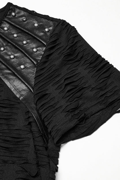 Black Short Sleeves Jacquard Faux Leather Stitching Ripped Rivet Men's Punk T-Shirt