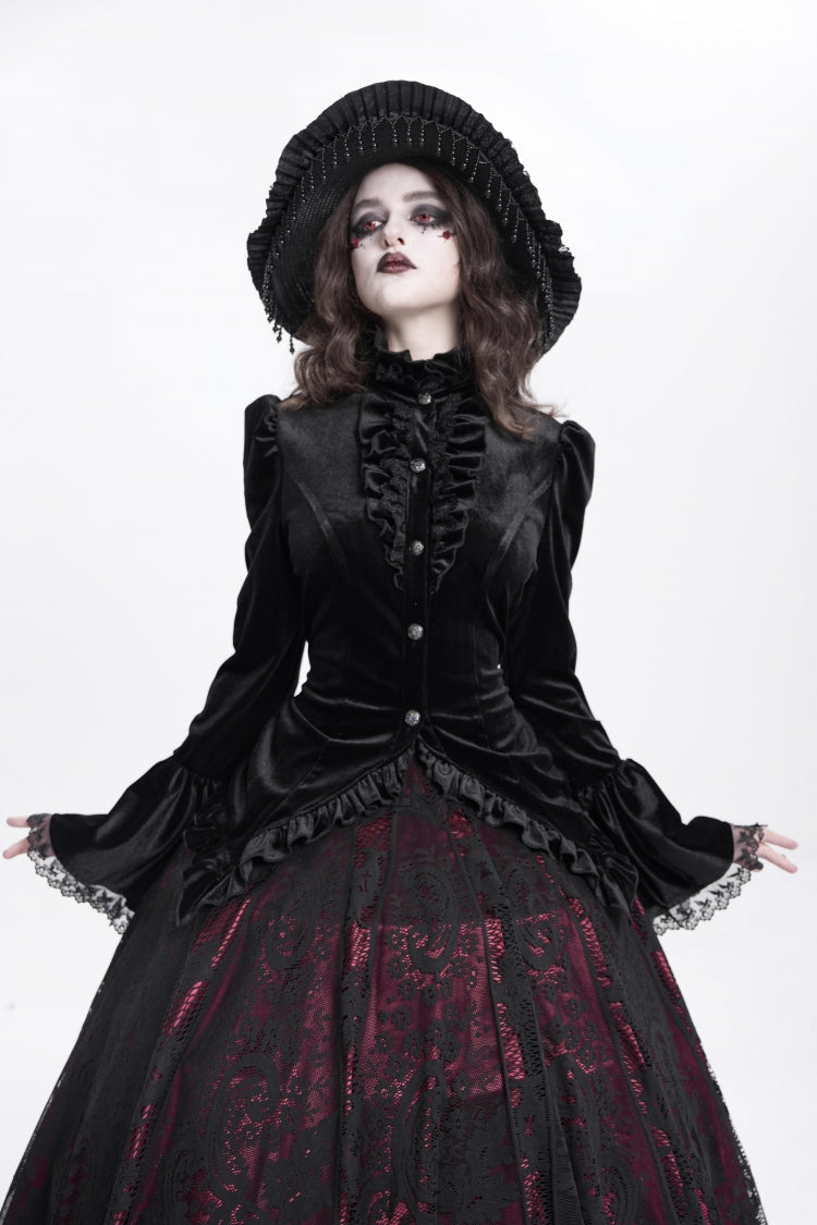 Black Stand Collar Long Trumpet Sleeves Ruffle Swallow-tailed Women's Gothic Blouse