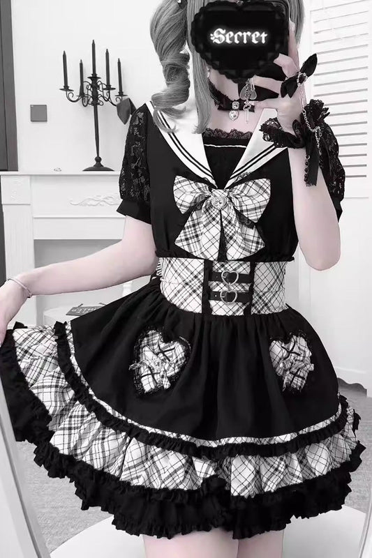 Black/White Navy Collar Short Sleeves Printed Ruffled Bow Jirai Kei Japanese Skirt and Blouse Set