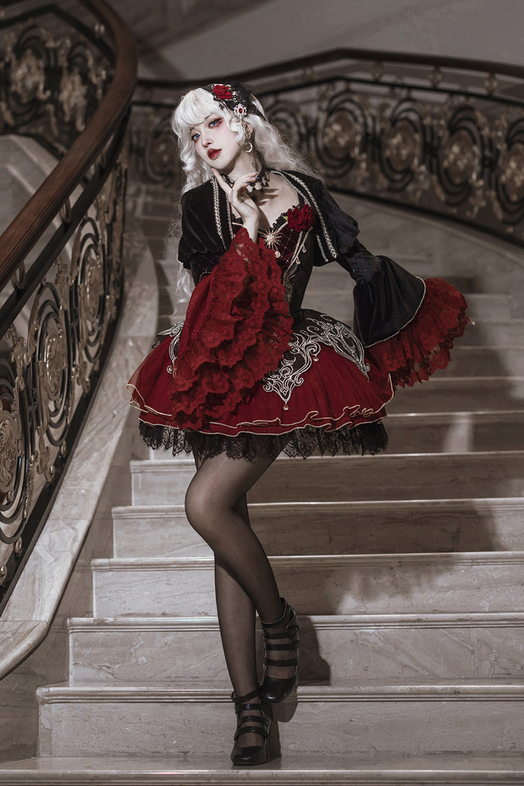Black/Red [Blood Clan Feast] Ruffle Embroidery Lace Gothic Lolita Jsk Dress Set