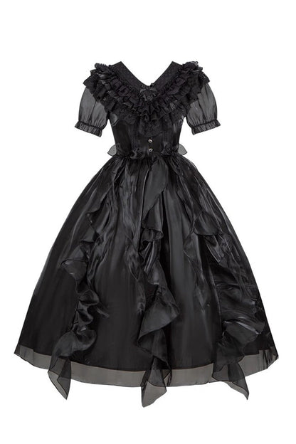 Black V-Neck Lace Cla Daily Short Puff Sleeves Gothic Lolita Dress
