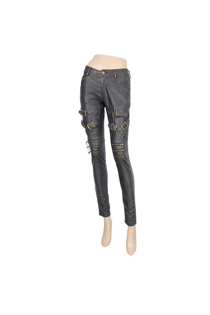 Black/Bronze Metal Zipper Decoration Metal Buckle Leather Leg Loop Leather Women's Punk Pants