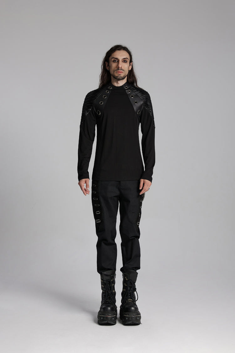 Black Round Collar Long Sleeves Mesh Pleated Loop Men's Punk Blouse
