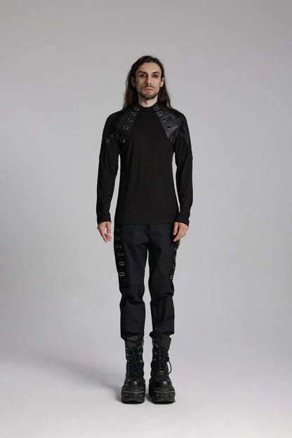 Black Round Collar Long Sleeves Mesh Pleated Loop Men's Punk Blouse