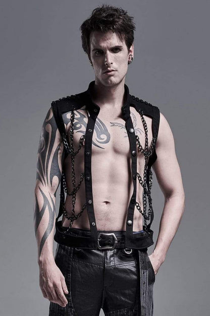Black Stand Collar Single-breasted Metal Rivet Chain Decoration Hollow Mens Steampunk Vest
