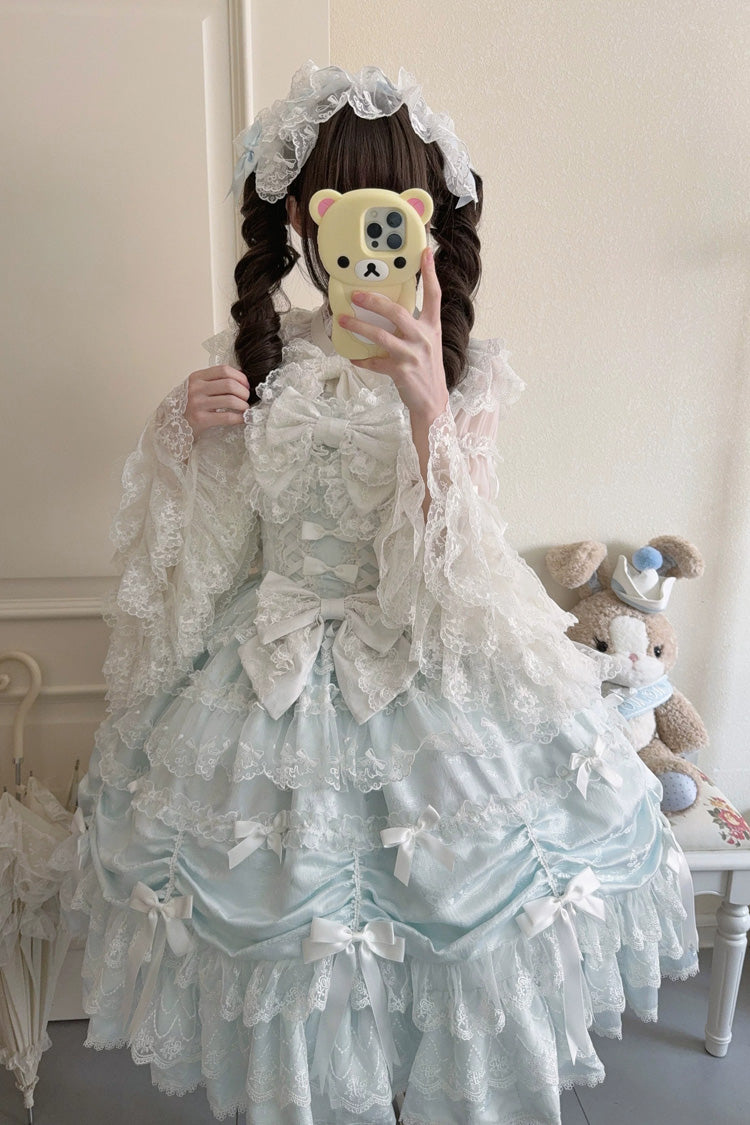 Blue [Silk Satin Gift Box] Square Collar Sleeveless Multi-Layered Ruffled Bow Lace Sweet Lolita Jsk Dress