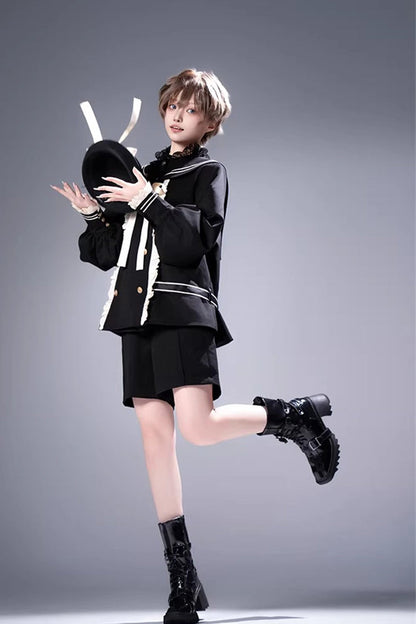 Black [City of Mist] Navy Collar Long Sleeves Gothic College Style Prince Ouji Lolita Shorts Coat Set