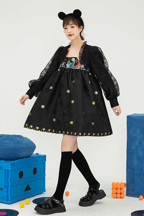 Black Square Neck Organza Print Ruffled Lantern Sleeves High Waisted Sweet Lolita OP Dress