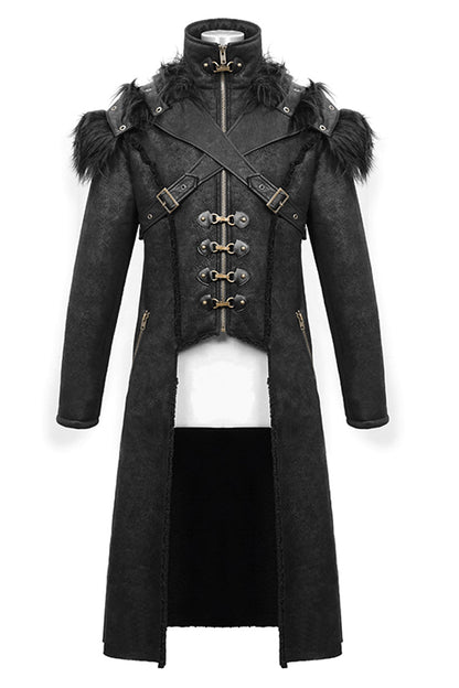 Black Stand Up Collar Shoulder Fur Cape Front Metal Hasp Chest Loops Long Fur Men's Punk Coat