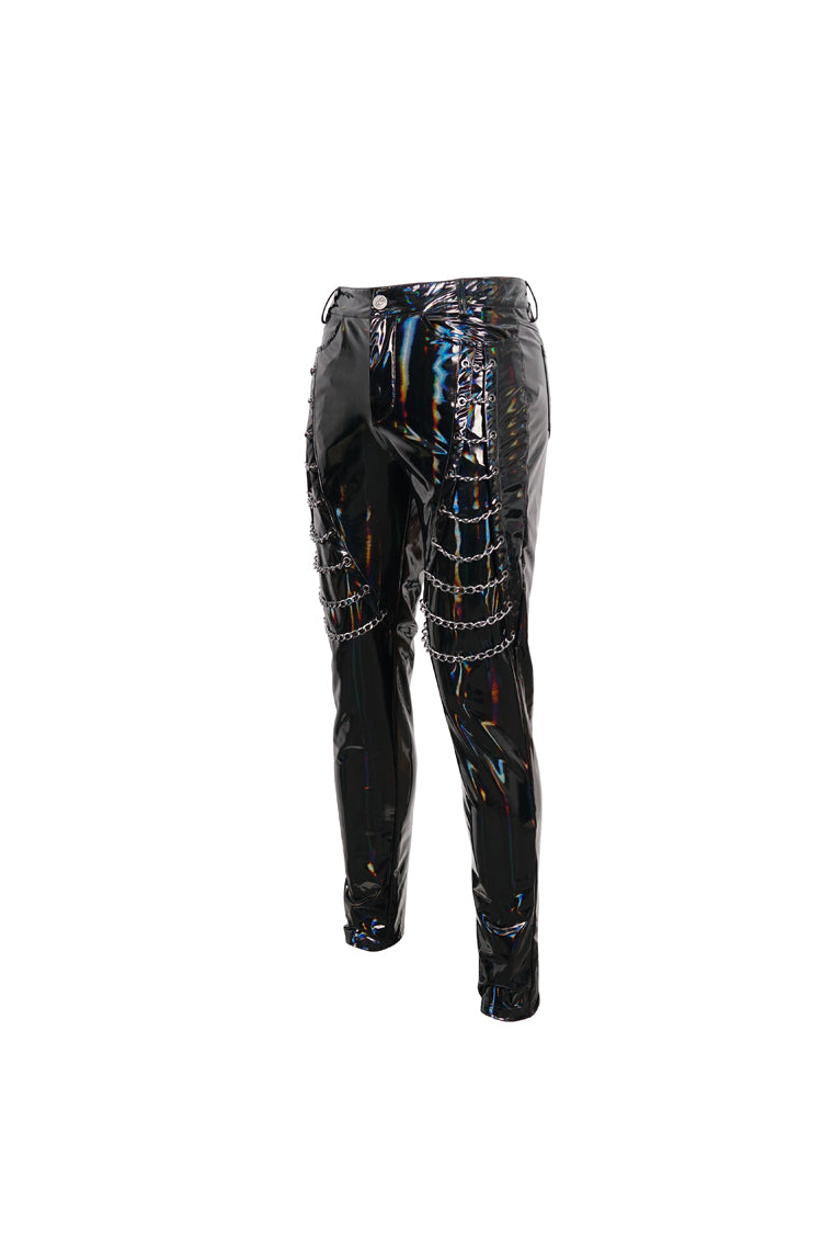 Black Stretch Symphony Metal Chains On Both Sides Versatile Leather Men's Gothic Pants