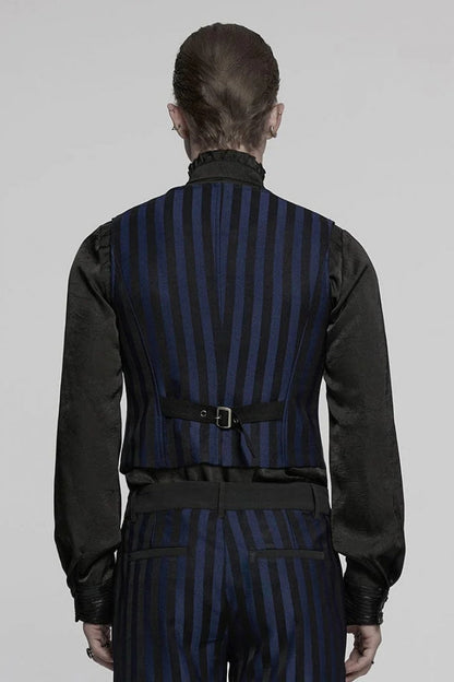Black/Blue V Collar Sleeveless Striped Print Buckle Men's Punk Vest